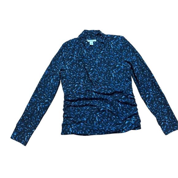 Kenneth Cole blue black ruched blouse sz PM - Picture 1 of 8